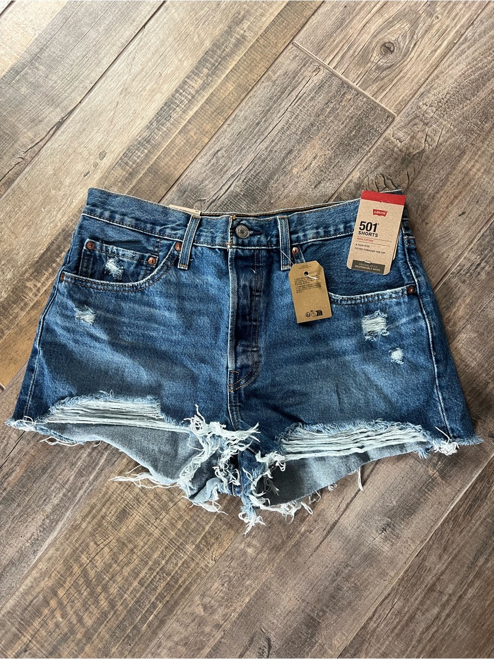 Levi's Distressed Dark Blue 501 Cutoff Jean Shorts